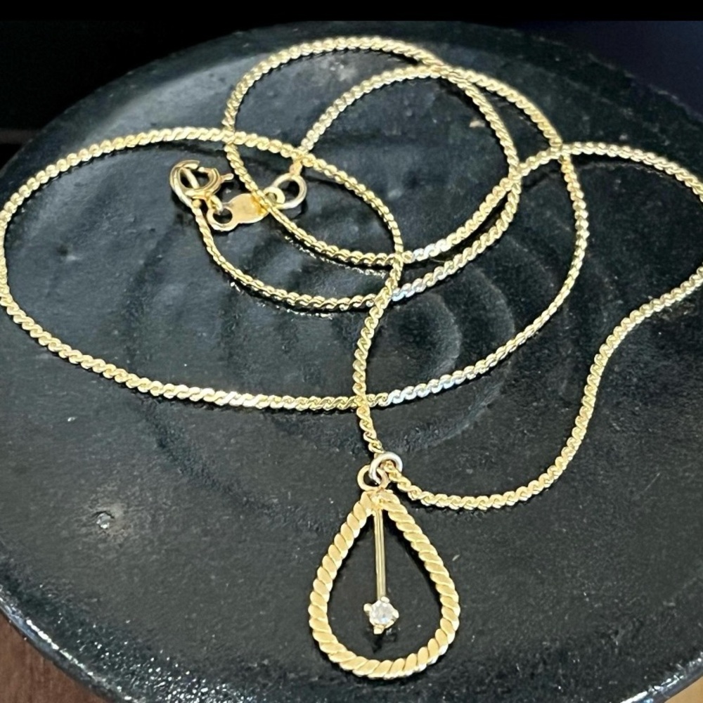 Sold Antique 14K Yellow Gold Necklace With Diamond Solitaire Pendant - 15 Inch